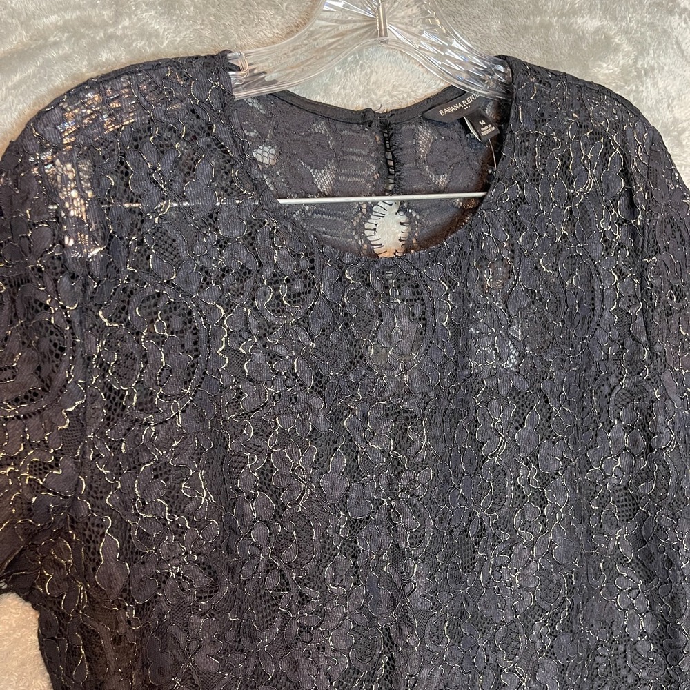 Banana Republic Women 14 Fitted Black Lace Cocktail Dress Gold Accents Wedding